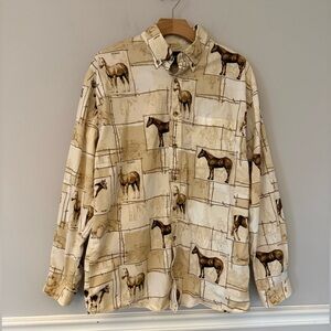 Bit & Bridle horse pattern palomino long sleeve button down shirt. M